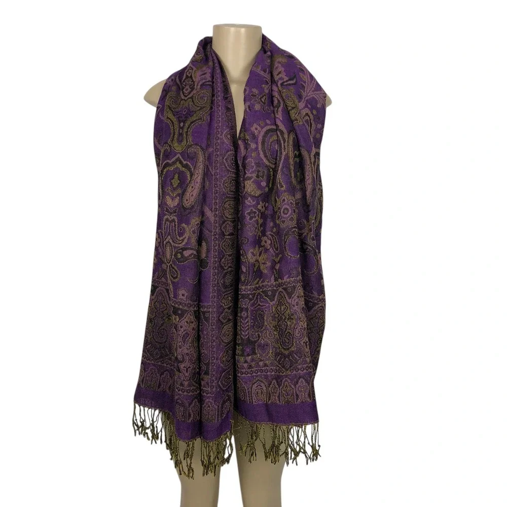 Reversible Boho Purple Paisley Print Pashmina Scarf Fringe Rave Festival Wrap